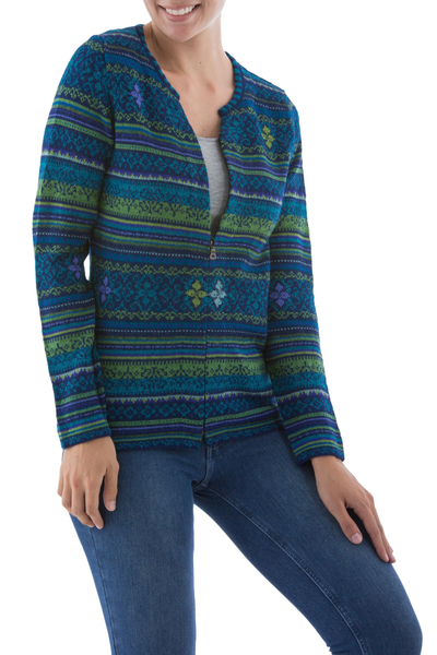 100% alpaca cardigan, 'Amazonian Wonder' - Blue Green Alpaca Cardigan Women's Fair Trade Apparel