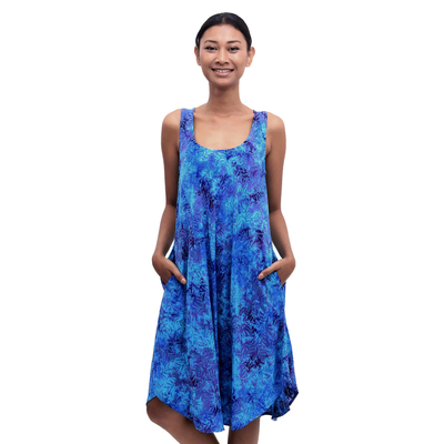 Blue Tie-Dyed Batik Leafy Grove Rayon Sleeveless Tunic