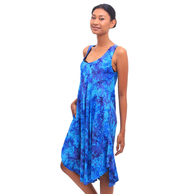 vestido de rayón batik - Túnica azul batik tie-dyed rayón frondoso sin mangas