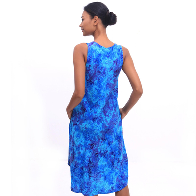 vestido de rayón batik - Túnica azul batik tie-dyed rayón frondoso sin mangas
