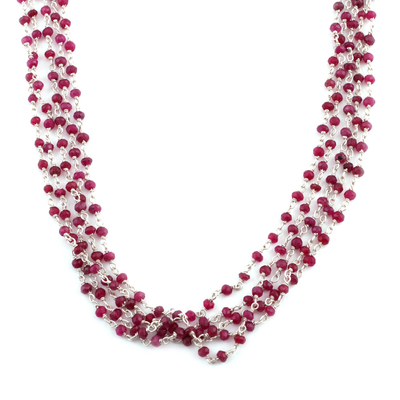 Ruby and cultured pearl beaded necklace, 'Lotus Beauty' - Ruby and Cultured Pearl Beaded Necklace from India