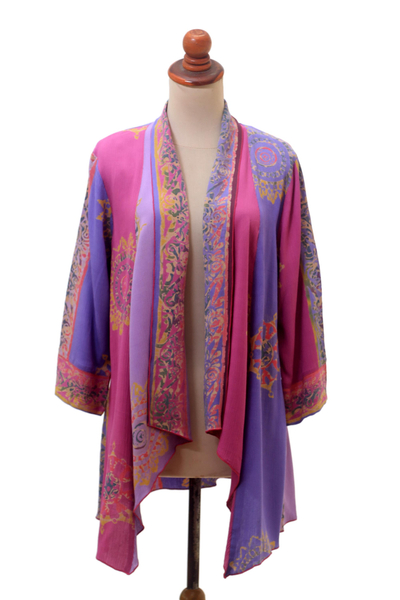 Batik rayon kimono jacket, 'Balinese Cover' - Fuchsia and Purple Batik Rayon Kimono Jacket from Bali