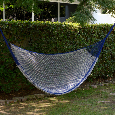 Cotton hammock, 'Ocean Waves' (double) - Handcrafted Cotton Striped Rope Hammock from Mexico (Double)