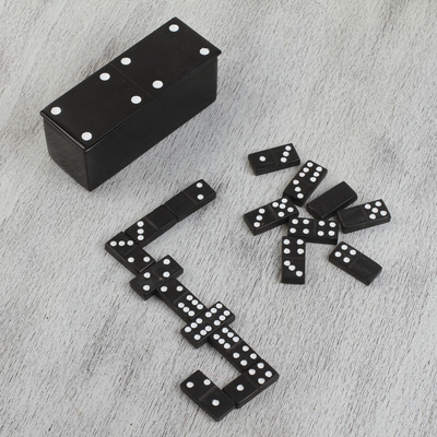 Onyx domino set, 'Sophisticated Game' - Black Onyx Domino Set from Mexico