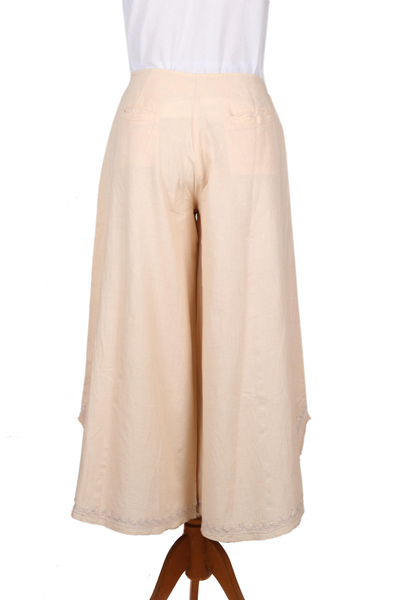 Cotton and linen blend wide-leg pants, 'Lucknow Dreams' - Wide Legged Cotton and Linen Blend Pants in Parchment