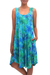 Batik rayon dress, 'Leafy Path' - Blue and Green Tie-Dyed Batik Leaves Sleeveless Rayon Dress (image 2c) thumbail