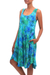 Batik rayon dress, 'Leafy Path' - Blue and Green Tie-Dyed Batik Leaves Sleeveless Rayon Dress