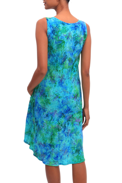 Batik rayon dress, 'Leafy Path' - Blue and Green Tie-Dyed Batik Leaves Sleeveless Rayon Dress
