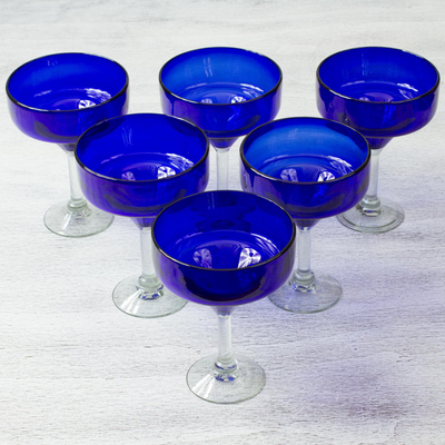 Blown glass margarita glasses, 'Ever Blue' (set of 6) - Six Eco Friendly Hand Blown Deep Blue Margarita Glasses