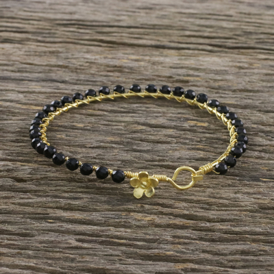 Gold plated onyx bangle bracelet, 'Fall in Love' - Gold Plated Black Onyx Bangle Bracelet from Thailand
