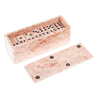 Marble domino set, 'Victorious Chance' - Pink Marble Domino Set from Mexico