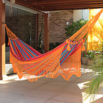 Brazilian Cotton Double Hammock with Orange Crochet, 'Carnaval'