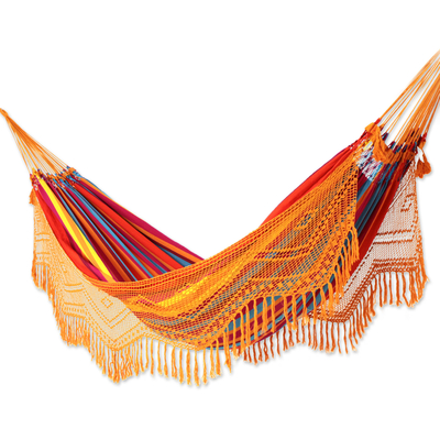 Baumwollhängematte, (doppelt) - Doppelhängematte aus brasilianischer Baumwolle mit orangefarbener Häkelarbeit