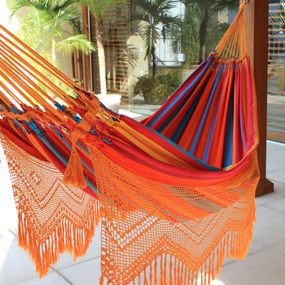 Baumwollhängematte, (doppelt) - Doppelhängematte aus brasilianischer Baumwolle mit orangefarbener Häkelarbeit