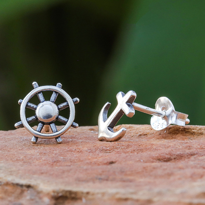 Sterling silver button earrings, 'Setting Sail' - 925 Silver Nautical Stud Earrings Handcrafted in Thailand