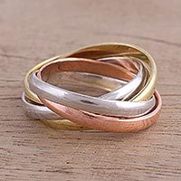 Sterling silver, copper, and brass multi-band ring, 'Classic Quintet' - Sterling Silver Copper and Brass Band Ring from India
