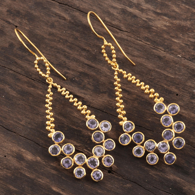 Iolite dangle earrings, 'Brilliant Tears in Blue' - Gold Plated Sterling Silver Iolite Teardrop Dangle Earrings
