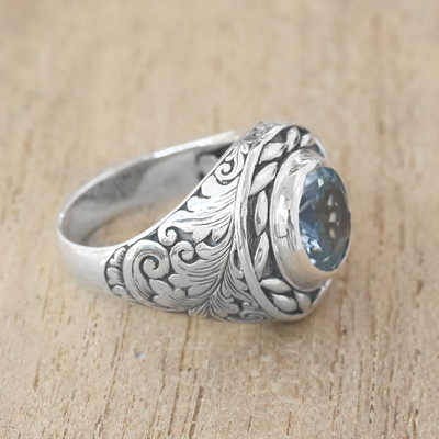 Blue topaz cocktail ring, 'Tari Lotus' - Blue Topaz Cocktail Ring Crafted in Bali