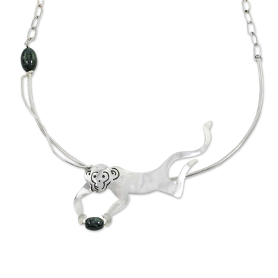 Jade pendant necklace, 'B'atz' - Jade and Sterling Monkey Pendant Necklace