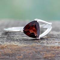 Garnet solitaire ring, 'Mystic Triangle' - Triangle-Cut Natural Garnet Solitaire Ring from India