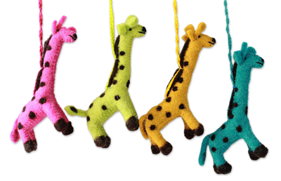 Wool ornaments, 'Happy Giraffes' (set of 4) - India Handmade Giraffe Ornaments (Set of 4)
