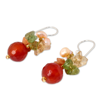 Pearl and citrine cluster earrings, 'Radiant Love' - Handcrafted Beaded Quartz Earrings
