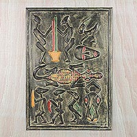 Wood relief panel, 'Dogon Culture' - Dogon-Themed Sese Wood Relief Panel from Ghana