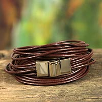 Leather wristband bracelet, 'Brown Quadruple Spin' - 5-Strand Brown Leather Wrap Bracelet
