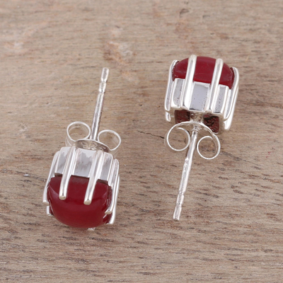 Jasper button earrings, 'Brilliant Red' - Red Jasper and Sterling Silver Button Earrings from India