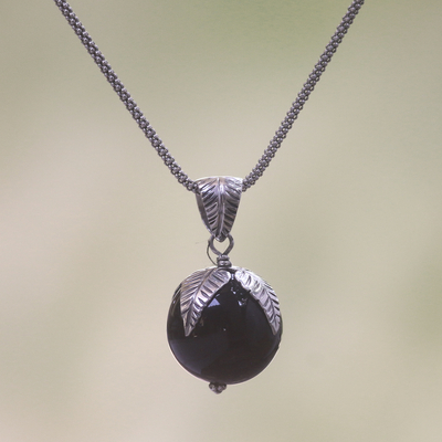 Onyx pendant necklace, 'Midnight Fruit' - Sterling Silver and Onyx Pendant Necklace from Java