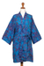 Cotton batik short robe, 'Floating Flowers' - Shades of Blue Cotton Hand Crafted Floral Batik Short Robe