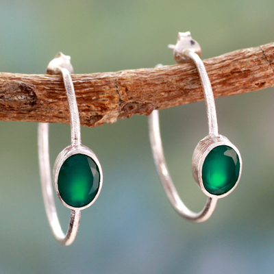 Onyx half hoop earrings, 'Contemporary Green' - Modern Minimalist Green Onyx Earrings