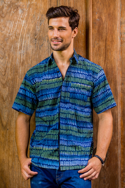 Men's cotton batik shirt, 'Oceanic Voyager' - Men's Blue Cotton Button Down Shirt with Hand Stamped Batik