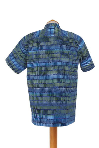Herren-Batikhemd aus Baumwolle - Blaues Button-Down-Hemd für Herren aus Baumwolle mit handgestempeltem Batikmuster