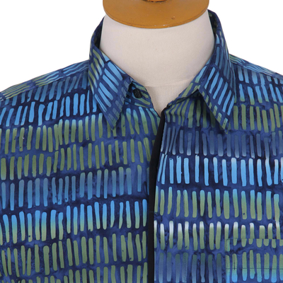Camisa batik de algodón para hombre - Camisa con botones de algodón azul para hombre con batik estampado a mano