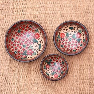 Batik wood centerpieces, 'Cherry Decor' (set of 3) - Floral Batik Wood Centerpieces from Java (Set of 3)