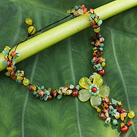 Serpentine and carnelian flower necklace, 'Dazzling Bloom' - Hand Made Floral Carnelian and Serpentine Necklace