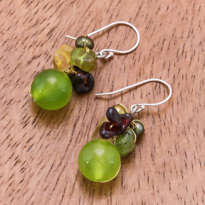 Pearl and peridot cluster earrings, 'Freshness' - Hand Crafted Beaded Multigem Earrings