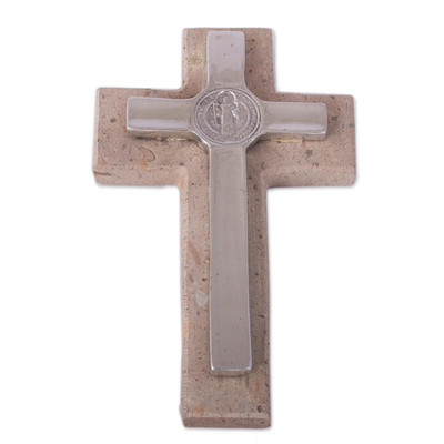 Pewter and reclaimed stone wall cross, 'Saint Benedict' - Saint Benedict Pewter and Reclaimed Stone Wall Cross