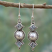 Cultured pearl and blue topaz dangle earrings, 'Marine Allure' - Blue Topaz and Cultured Pearl Sterling Silver Dangle Earring