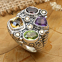 Gold accented multi-gemstone cocktail ring, 'Rainbow Palace'