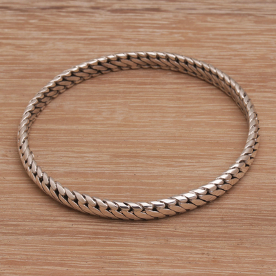 Sterling silver bangle bracelet, 'Chain Reign' - Chain Look Sterling Silver Bangle Bracelet from Bali