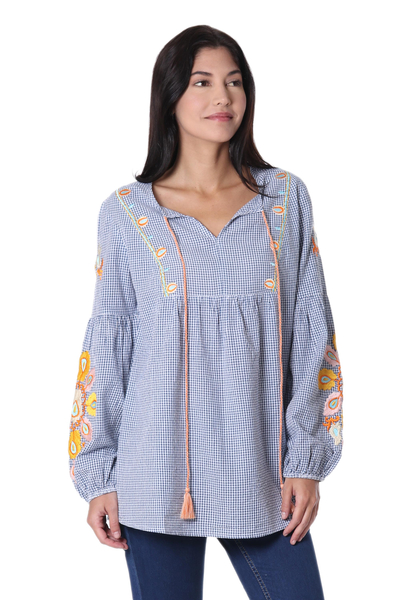 Cotton tunic, 'Floral Boho' - Plaid Floral Boho Embroidered Cotton Long-Sleeved Tunic