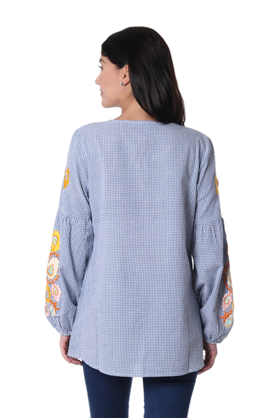 Cotton tunic, 'Floral Boho' - Plaid Floral Boho Embroidered Cotton Long-Sleeved Tunic