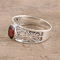 Garnet solitaire ring, 'Lace Tiara' - Garnet solitaire ring