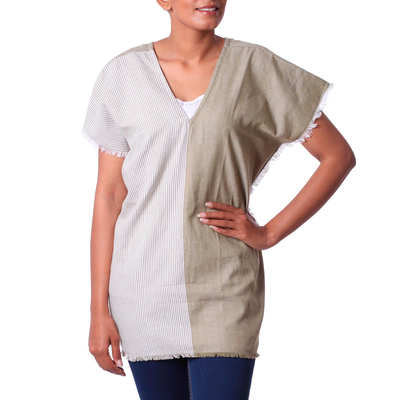 Cotton tunic, 'Duality' - Artisan Handwoven Two-Tone Cotton Tunic from India