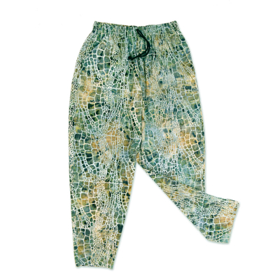 Men's cotton lounge pants, 'Forest Pebbles' - Verdant Hand-Printed Cotton Pants from Bali