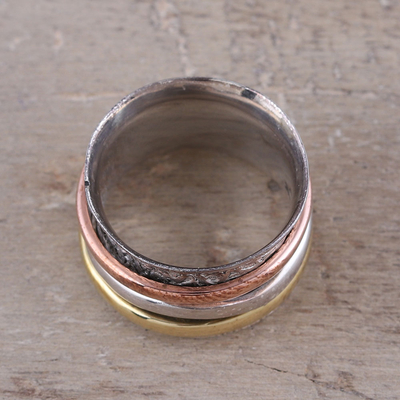 Sterling silver, copper, and brass meditation ring, 'Trio Treasure' - Sterling Silver Copper Brass Meditation Spinner Ring