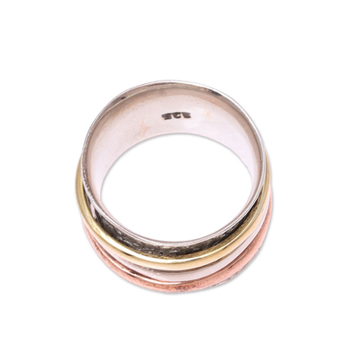Sterling silver, copper, and brass meditation ring, 'Trio Treasure' - Sterling Silver Copper Brass Meditation Spinner Ring