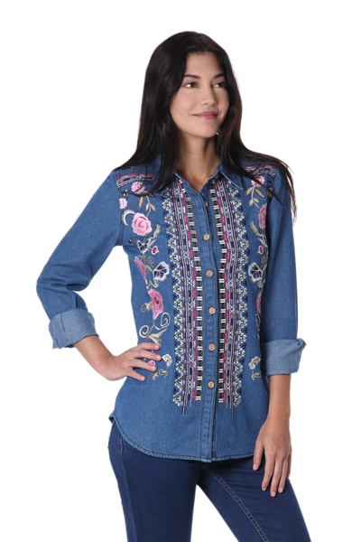 Denim blouse, 'Roses and Pansies' - Handcrafted Blue Cotton Denim Embroidered Long Sleeve Blouse